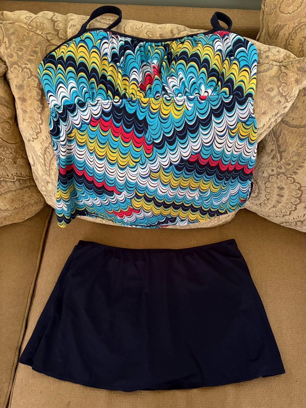 Kim Rogers Multicolor Wave Print Tankini with Navy Skirted Bottom